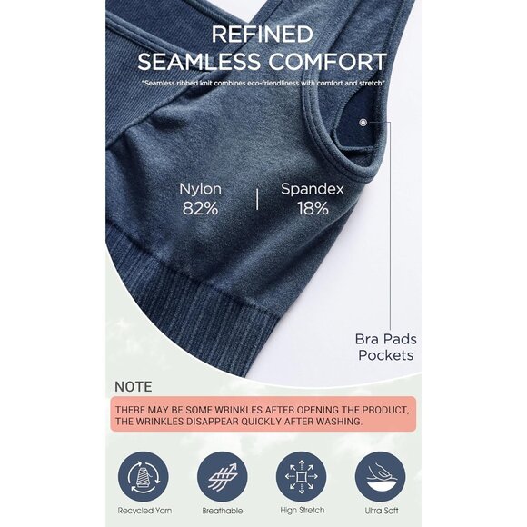 Women's Stone Washing Navy Square Neck Low Back Ribbed Cropped Sports Bra - Picture 5 of 5